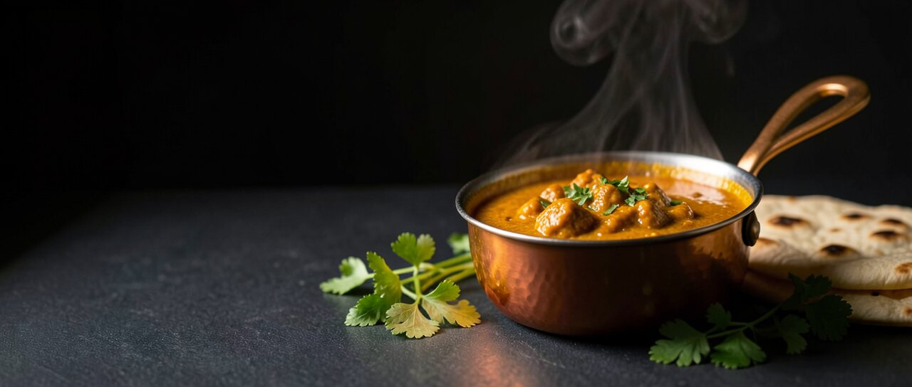 A rich curry simmering in a copper handi with warm flatbread