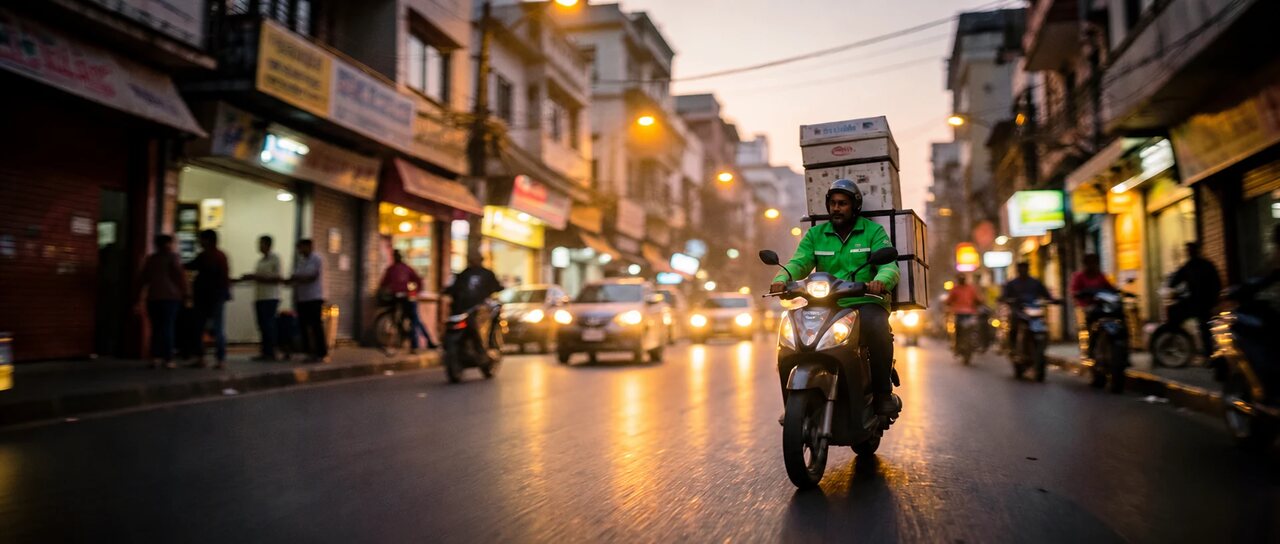 A Foodysh rider on a scooter in a lit Nashik street at dusk