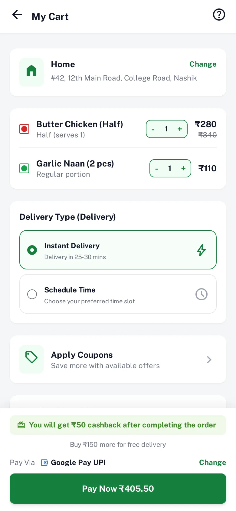 Foodysh app: cart and payment